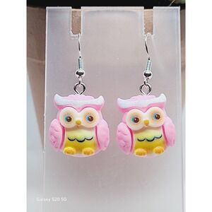 Light Pink Owl Resin Drop Earrings Whimsical Bird Dangle Silver Tone Hooks New